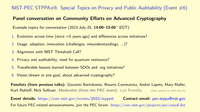 STPPA6: panel conversation on Community Efforts on Avanced Cryptography